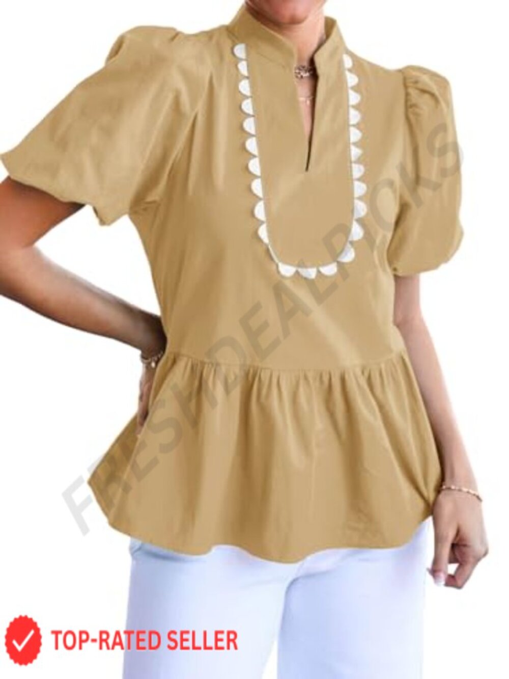 Puff Sleeve Peplum Blouse Ruffle VNeck Babydoll Top